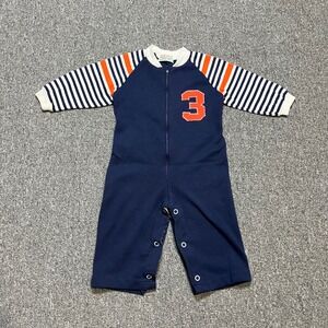 Vintage Health-tex Romper 12 Months Navy Orange Striped Zip Up Jumpsuit 70s 80s